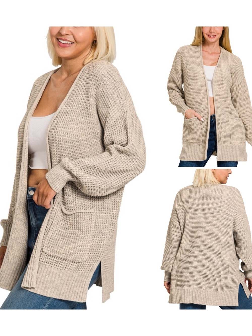 Zenana Outfitters Beige Open-Front Waffle Knit Cardigan
